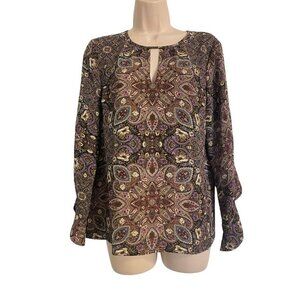 J Jill Blouse Womens SP Long Slit Sleeve Pullover Black Medallion V-Neck Small P